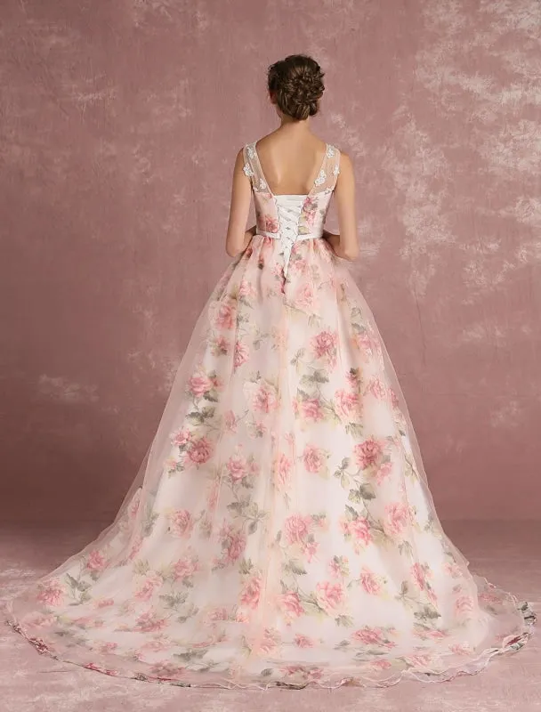 Pink Prom Dresses 2021 Long Floral Print Organza Pageant Dress Backless Chapel Train Party Dress