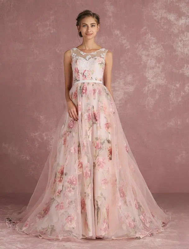 Pink Prom Dresses 2021 Long Floral Print Organza Pageant Dress Backless Chapel Train Party Dress