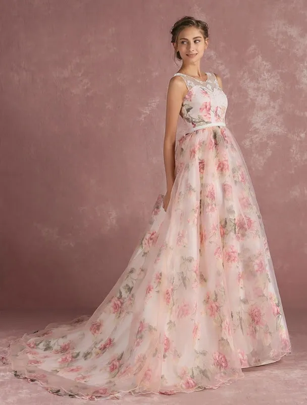 Pink Prom Dresses 2021 Long Floral Print Organza Pageant Dress Backless Chapel Train Party Dress