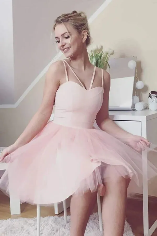 Pink Tulle A-line Sweetheart Short Homecoming Dresses, Graduation Dresses, MH556