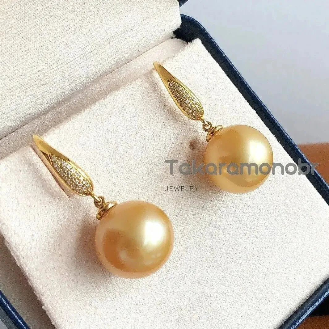 Plump Pave Diamond and Pearl French Hook Earrings, 13.0-14.0 mm Golden South Sea Pearl