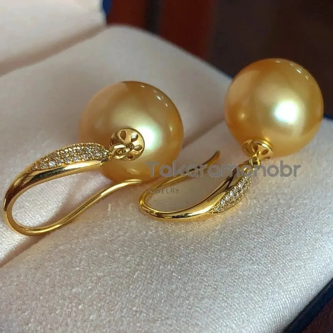 Plump Pave Diamond and Pearl French Hook Earrings, 13.0-14.0 mm Golden South Sea Pearl