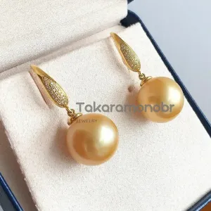 Plump Pave Diamond and Pearl French Hook Earrings, 13.0-14.0 mm Golden South Sea Pearl