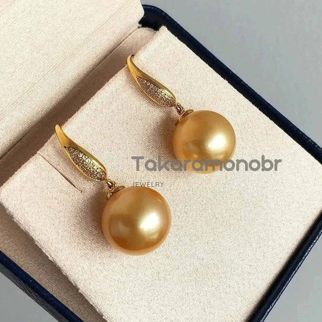Plump Pave Diamond and Pearl French Hook Earrings, 13.0-14.0 mm Golden South Sea Pearl