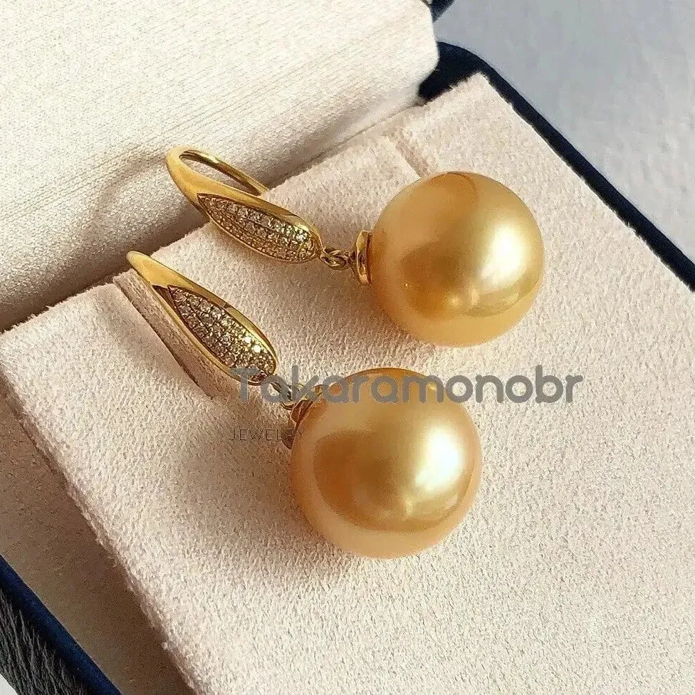 Plump Pave Diamond and Pearl French Hook Earrings, 13.0-14.0 mm Golden South Sea Pearl