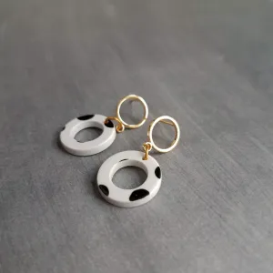 Polka Dot Earrings, black white dots, gold circle earring, acrylic earring, gold circle stud, 80s earring, chunky open circle gold ring stud