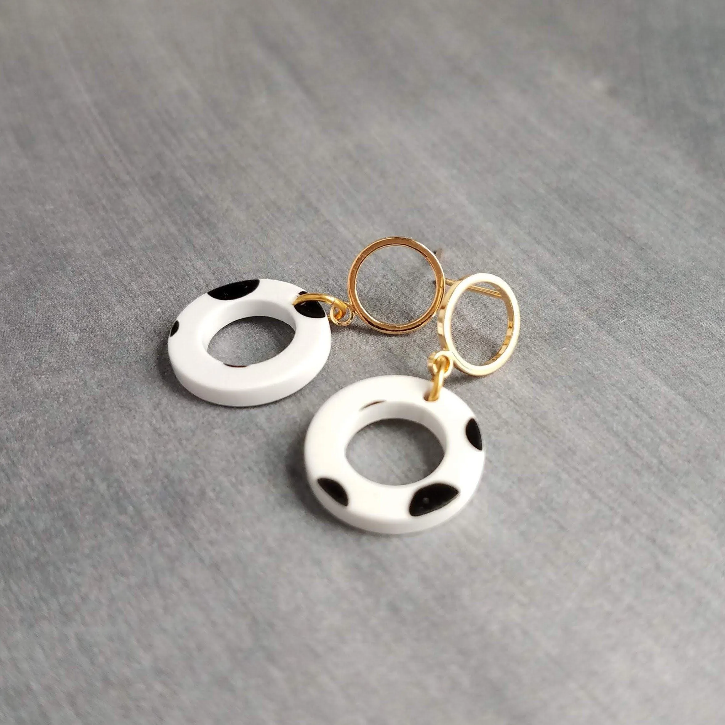 Polka Dot Earrings, black white dots, gold circle earring, acrylic earring, gold circle stud, 80s earring, chunky open circle gold ring stud