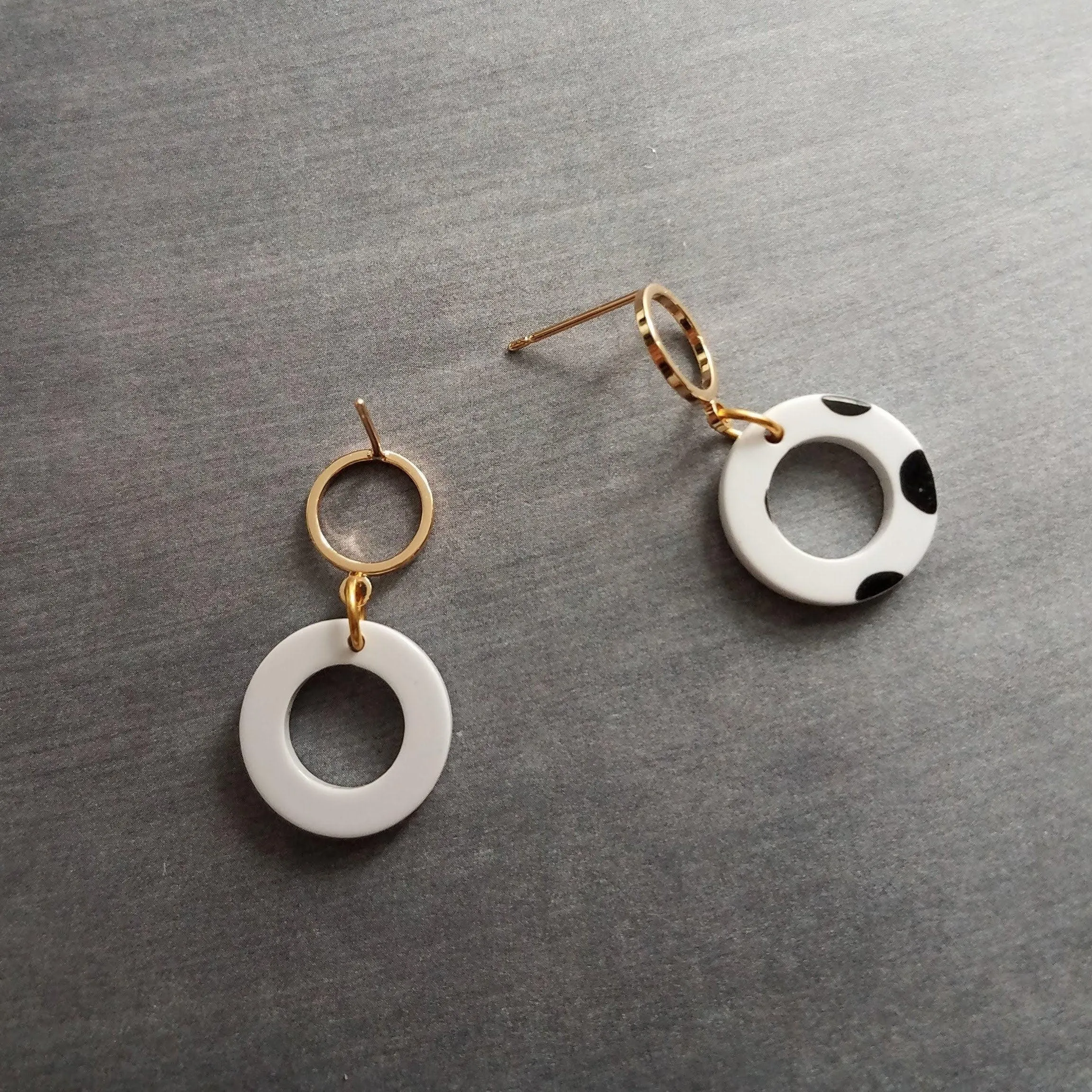 Polka Dot Earrings, black white dots, gold circle earring, acrylic earring, gold circle stud, 80s earring, chunky open circle gold ring stud