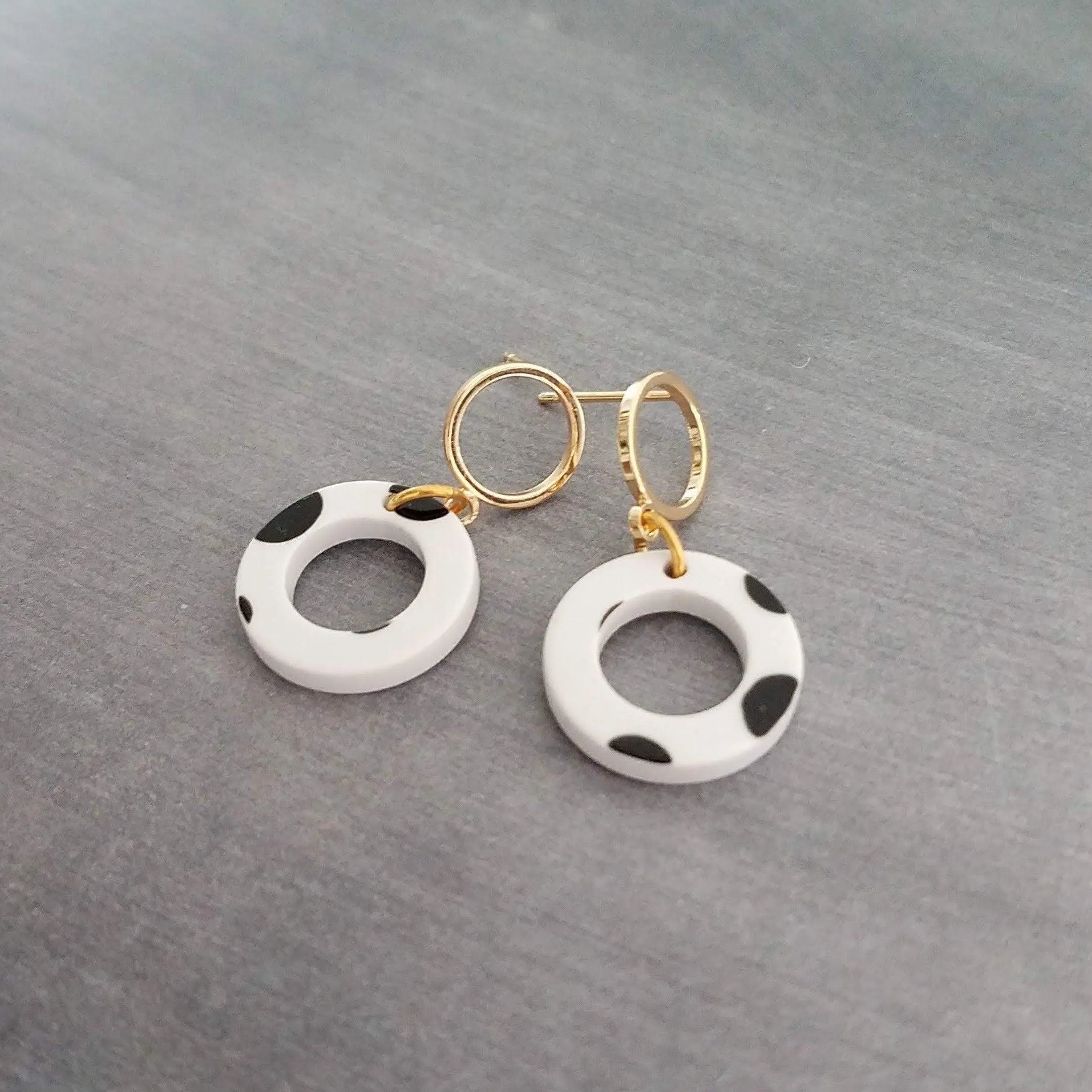 Polka Dot Earrings, black white dots, gold circle earring, acrylic earring, gold circle stud, 80s earring, chunky open circle gold ring stud