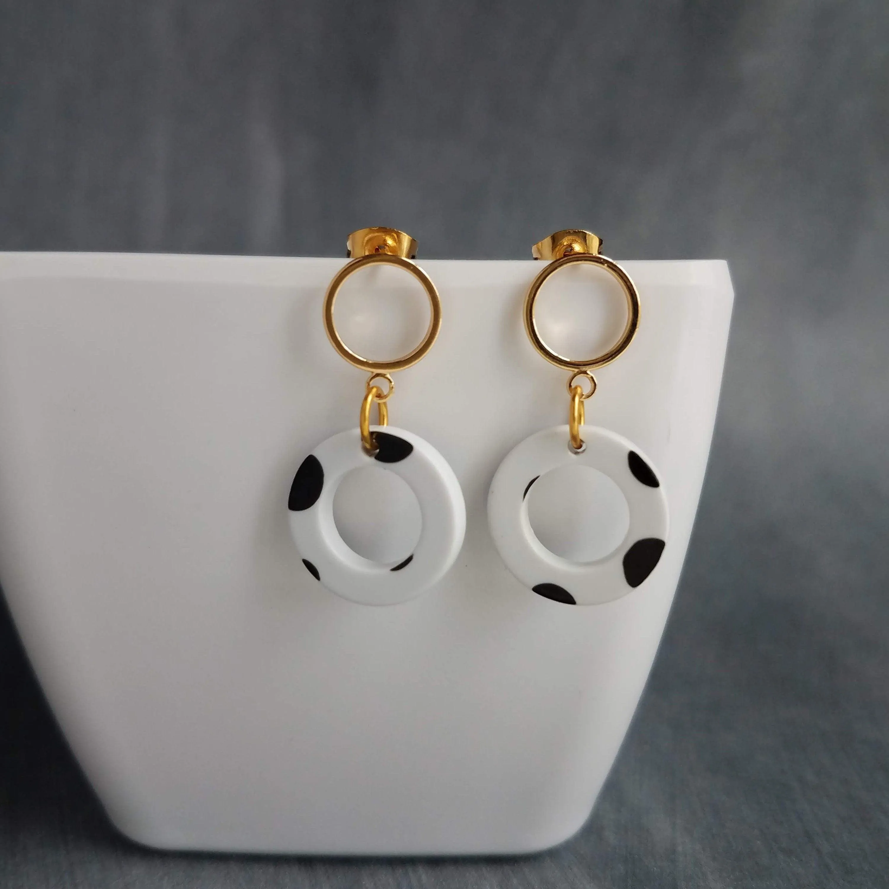 Polka Dot Earrings, black white dots, gold circle earring, acrylic earring, gold circle stud, 80s earring, chunky open circle gold ring stud