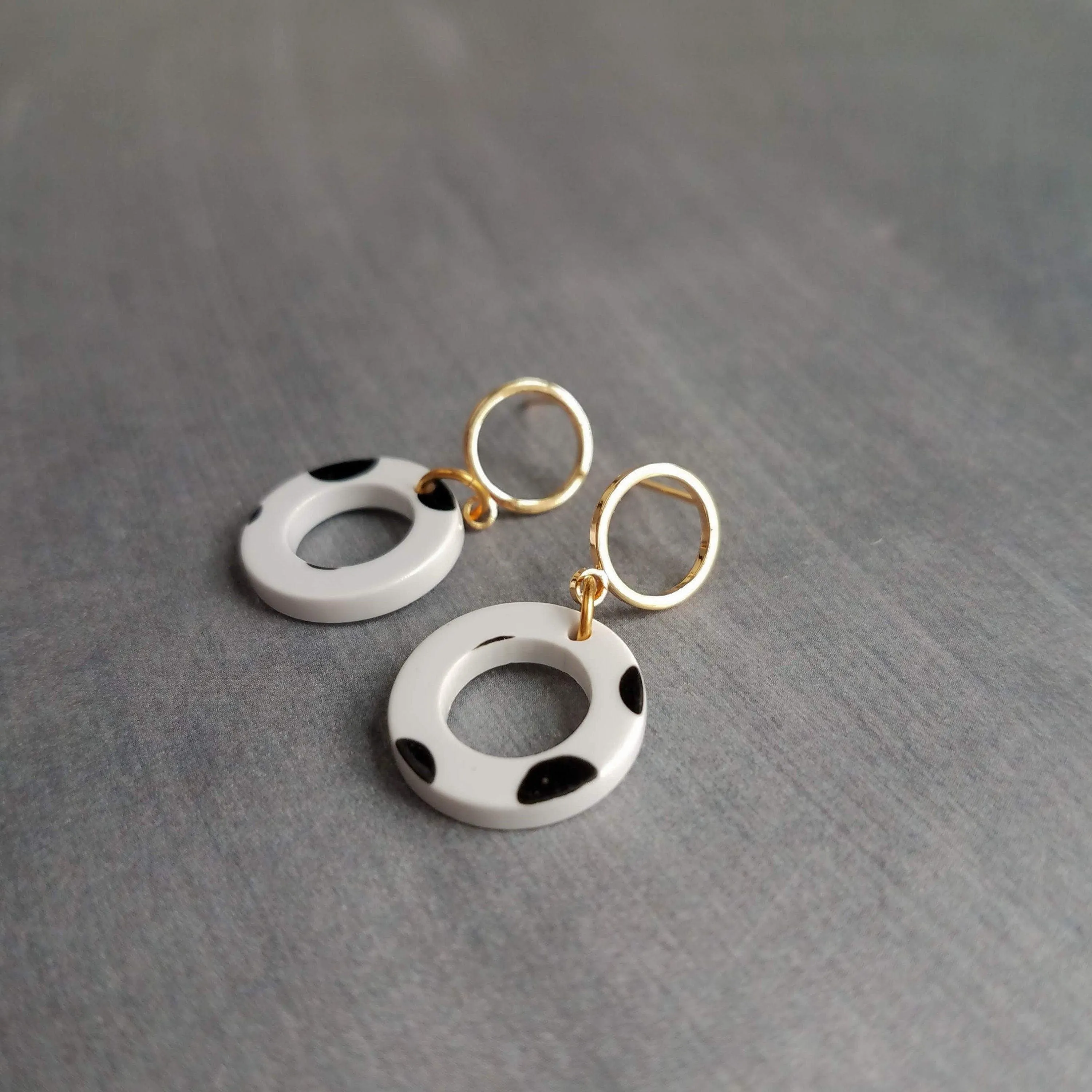 Polka Dot Earrings, black white dots, gold circle earring, acrylic earring, gold circle stud, 80s earring, chunky open circle gold ring stud