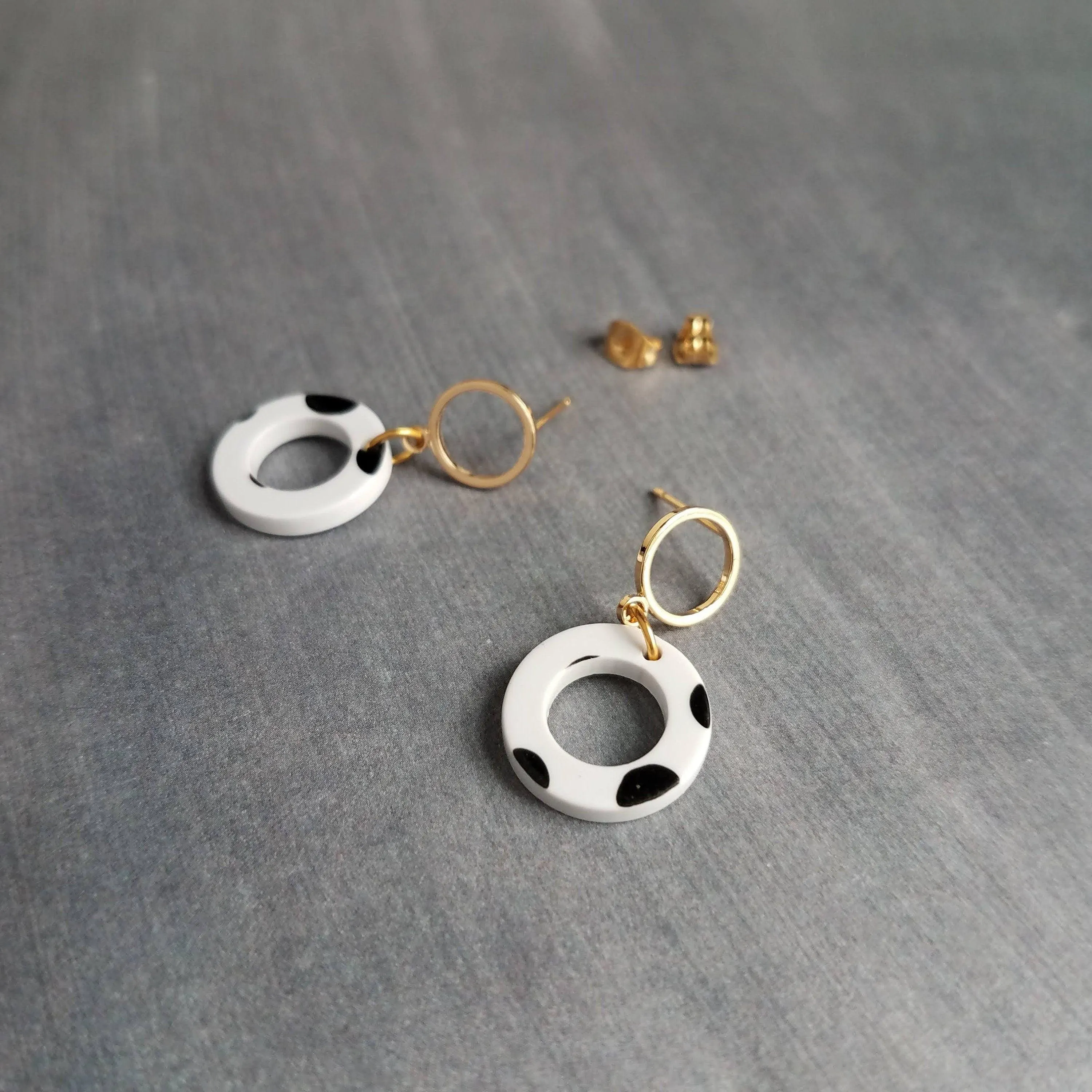 Polka Dot Earrings, black white dots, gold circle earring, acrylic earring, gold circle stud, 80s earring, chunky open circle gold ring stud
