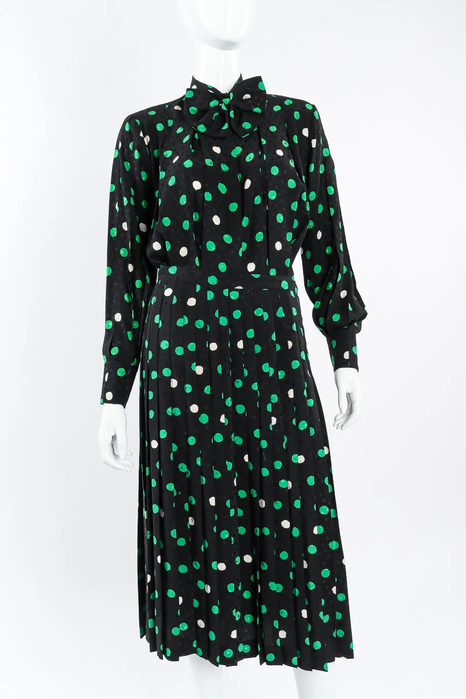 Polka Dot Print Silk Blouse and Skirt Set
