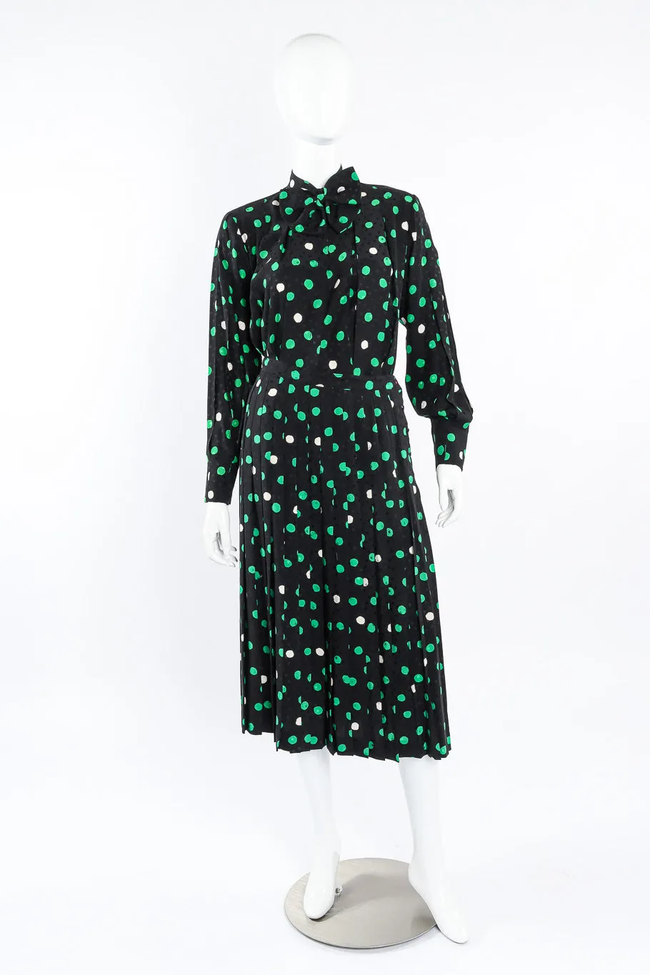 Polka Dot Print Silk Blouse and Skirt Set