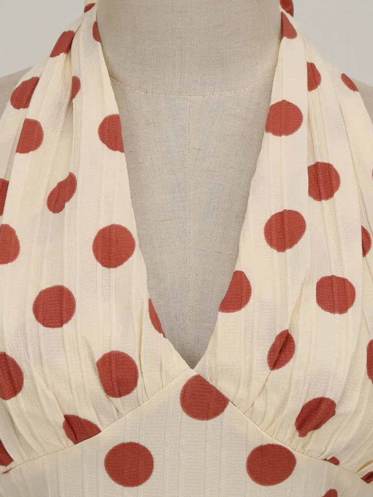 Polka Dots Halter Audrey Hepburn Style 1950S Vintage Dress With Bow Backless