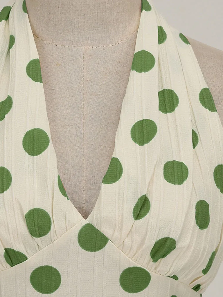 Polka Dots Halter Audrey Hepburn Style 1950S Vintage Dress With Bow Backless