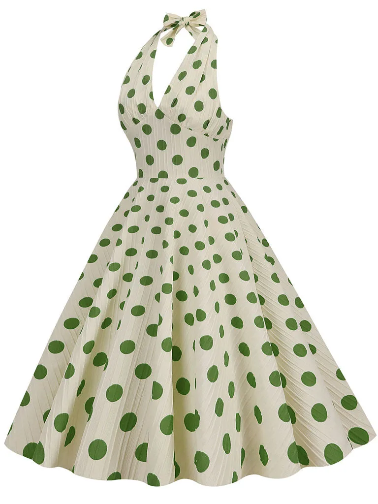 Polka Dots Halter Audrey Hepburn Style 1950S Vintage Dress With Bow Backless