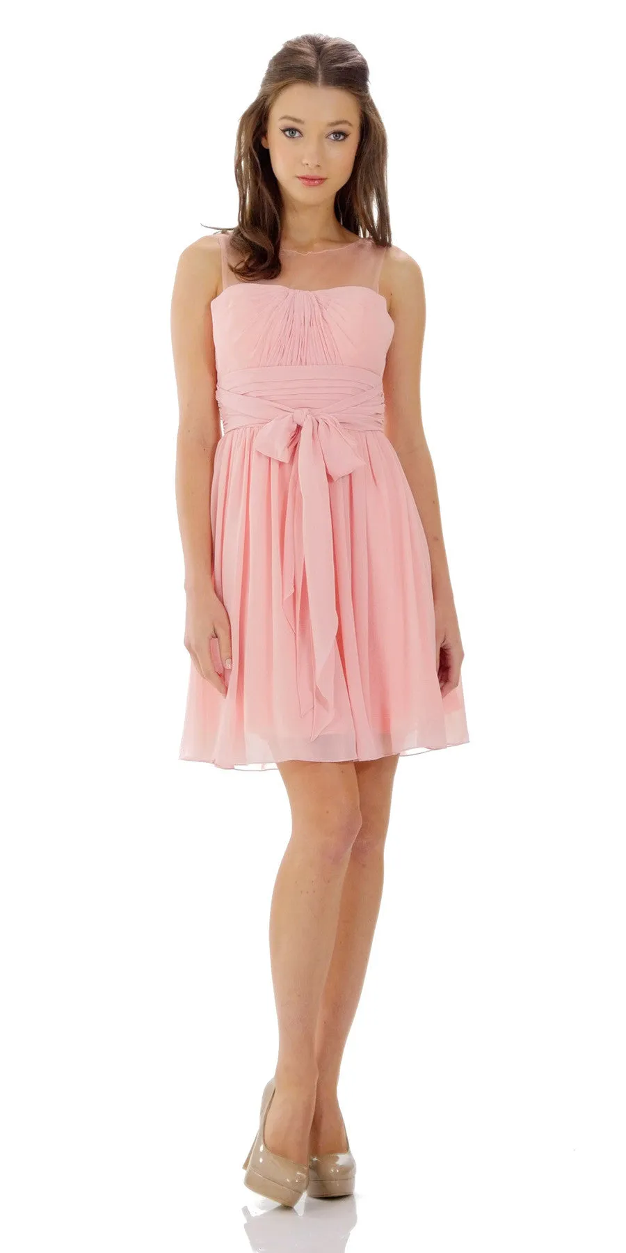 Poly USA 7006 Short Sleeveless Chiffon Dress Illusion Neck