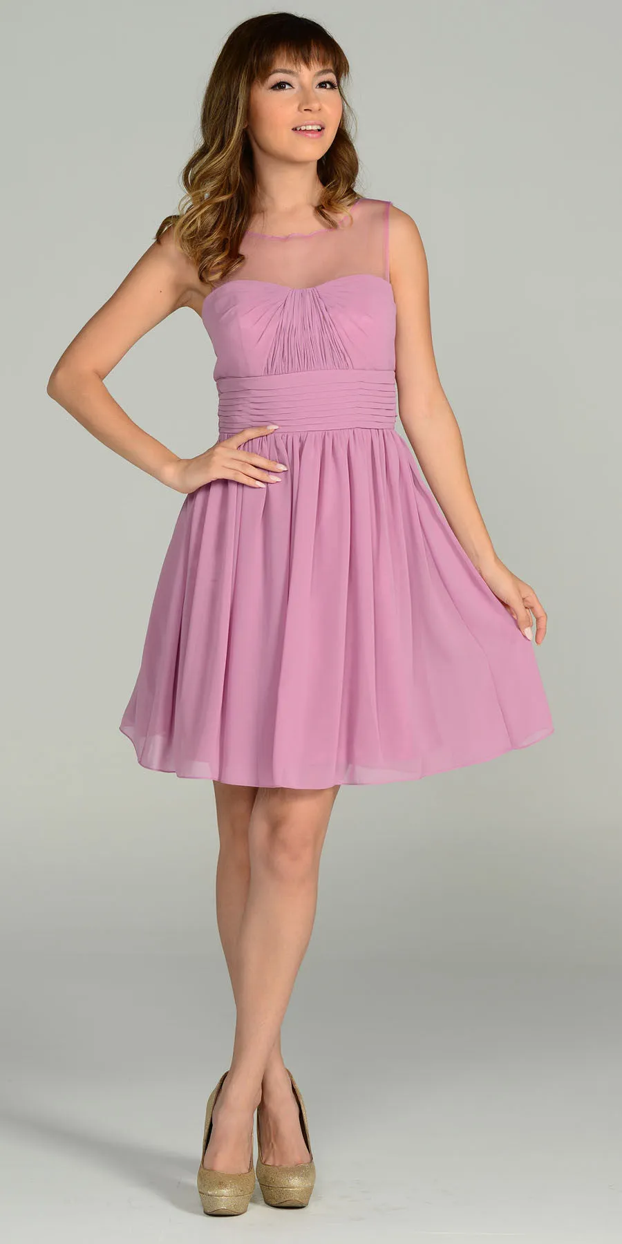 Poly USA 7006 Short Sleeveless Chiffon Dress Illusion Neck