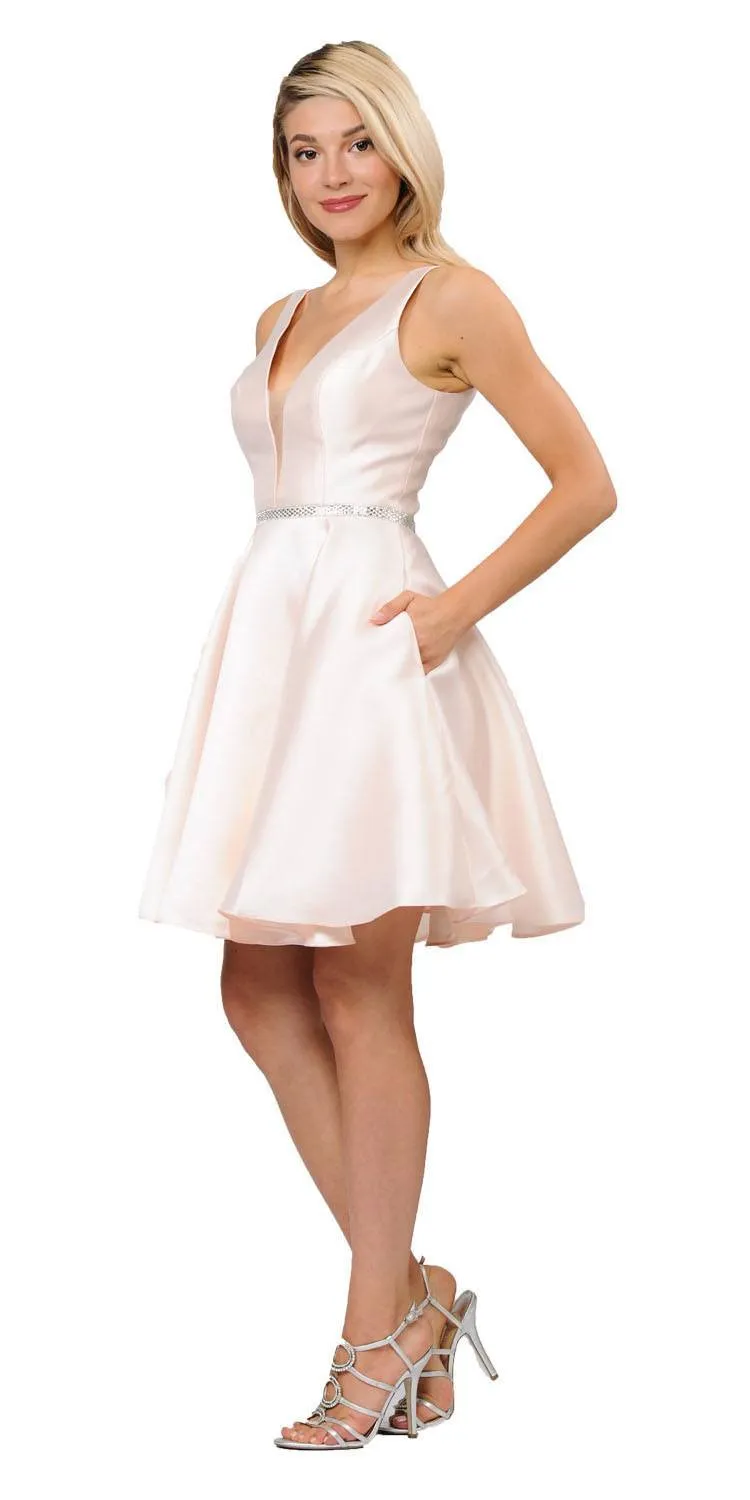Poly USA 7894 Satin V-Neck Embellished Waist Short A-Line Dress