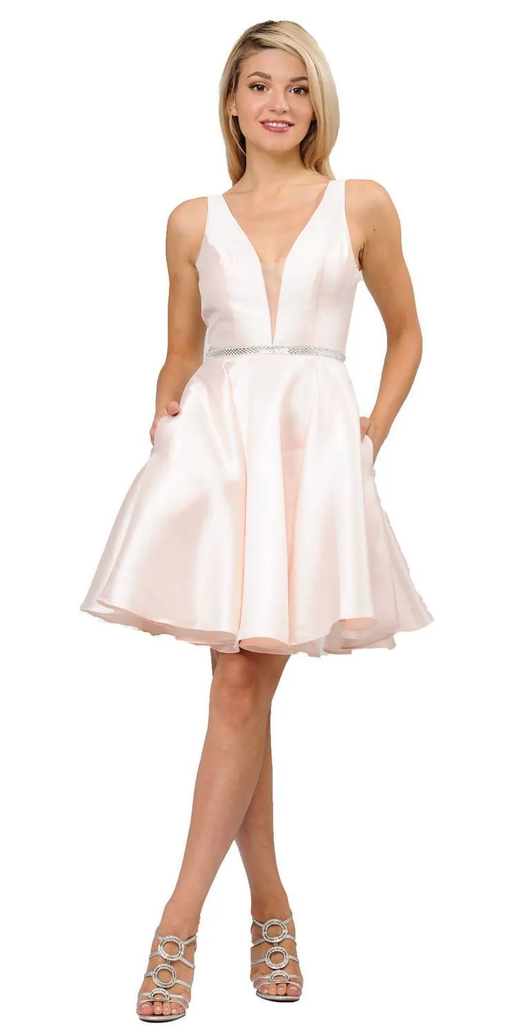 Poly USA 7894 Satin V-Neck Embellished Waist Short A-Line Dress