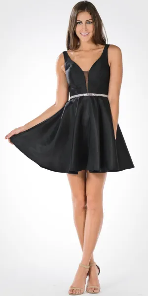 Poly USA 7894 Satin V-Neck Embellished Waist Short A-Line Dress