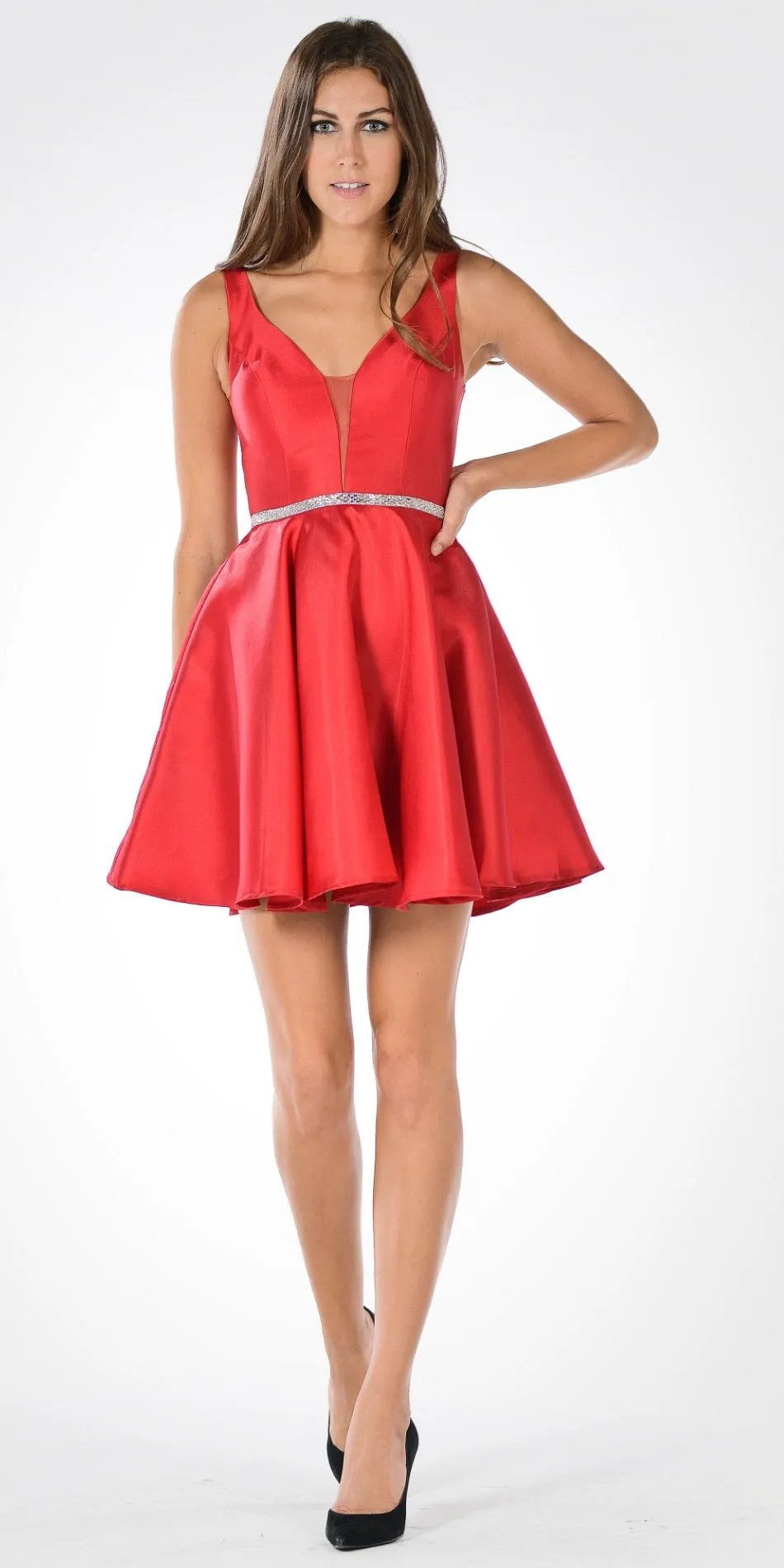 Poly USA 7894 Satin V-Neck Embellished Waist Short A-Line Dress