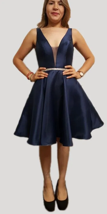 Poly USA 7894 Satin V-Neck Embellished Waist Short A-Line Dress