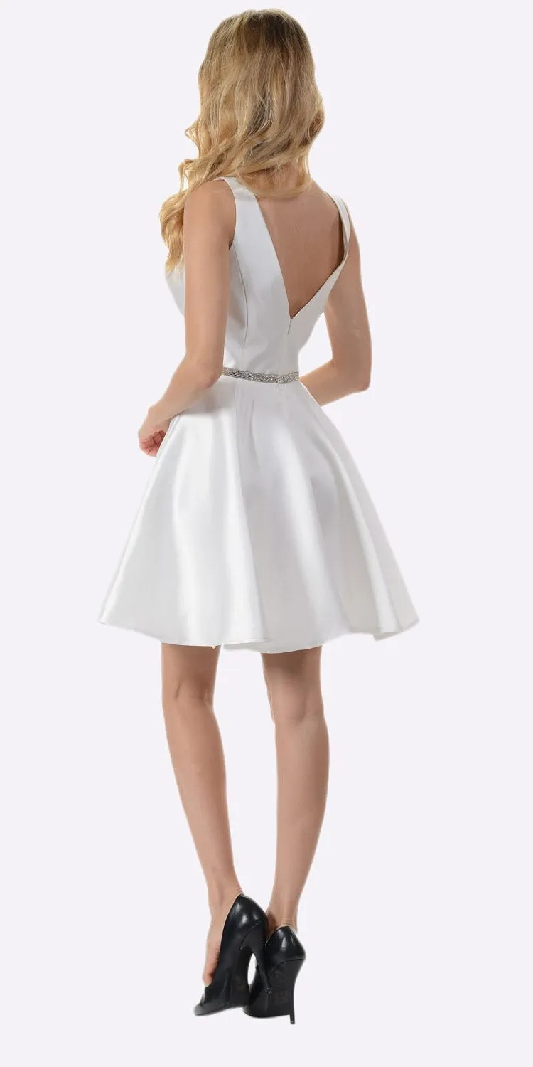 Poly USA 7894 Satin V-Neck Embellished Waist Short A-Line Dress