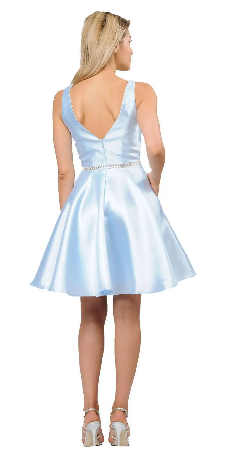 Poly USA 7894 Satin V-Neck Embellished Waist Short A-Line Dress