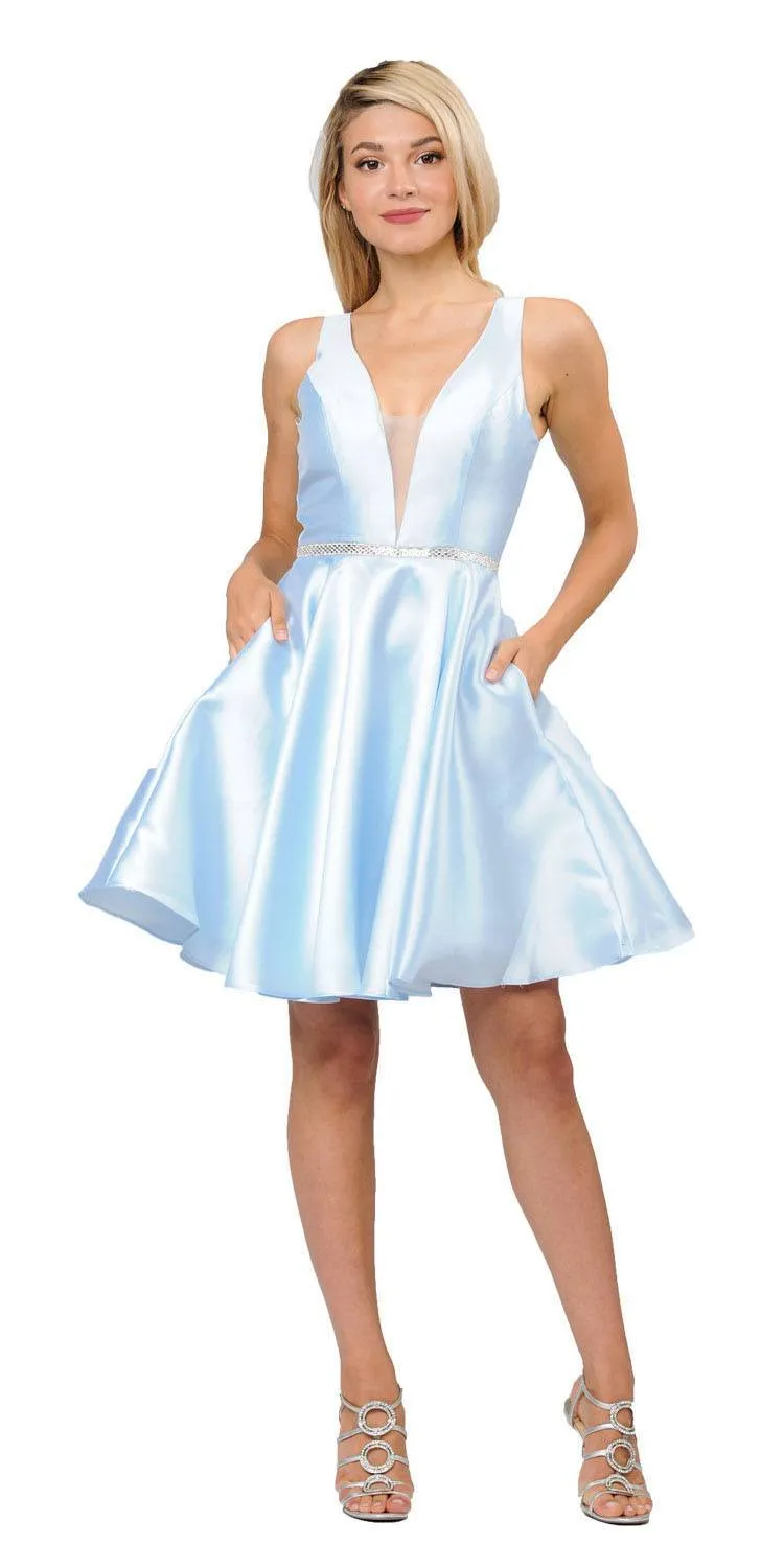 Poly USA 7894 Satin V-Neck Embellished Waist Short A-Line Dress