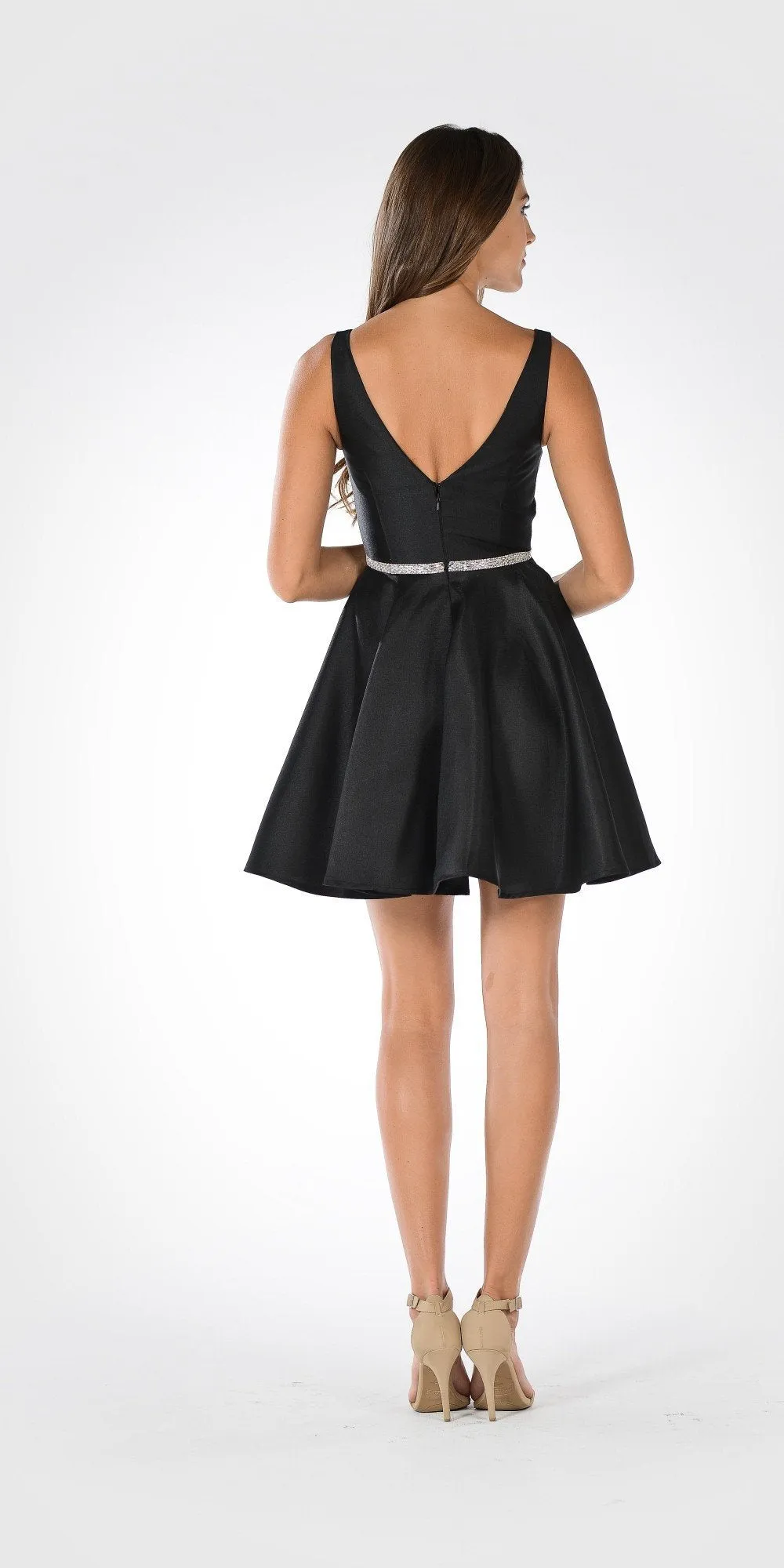Poly USA 7894 Satin V-Neck Embellished Waist Short A-Line Dress