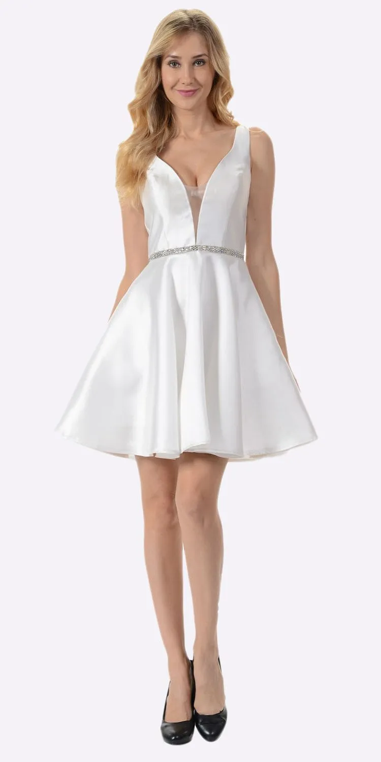 Poly USA 7894 Satin V-Neck Embellished Waist Short A-Line Dress