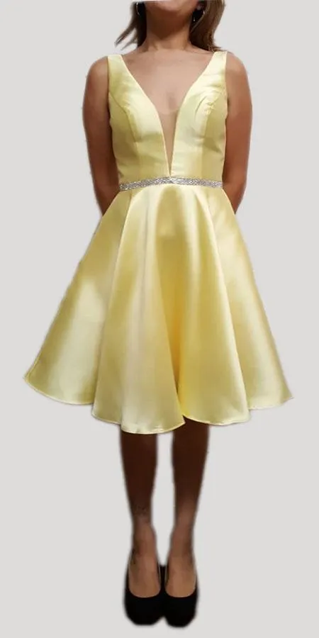 Poly USA 7894 Satin V-Neck Embellished Waist Short A-Line Dress