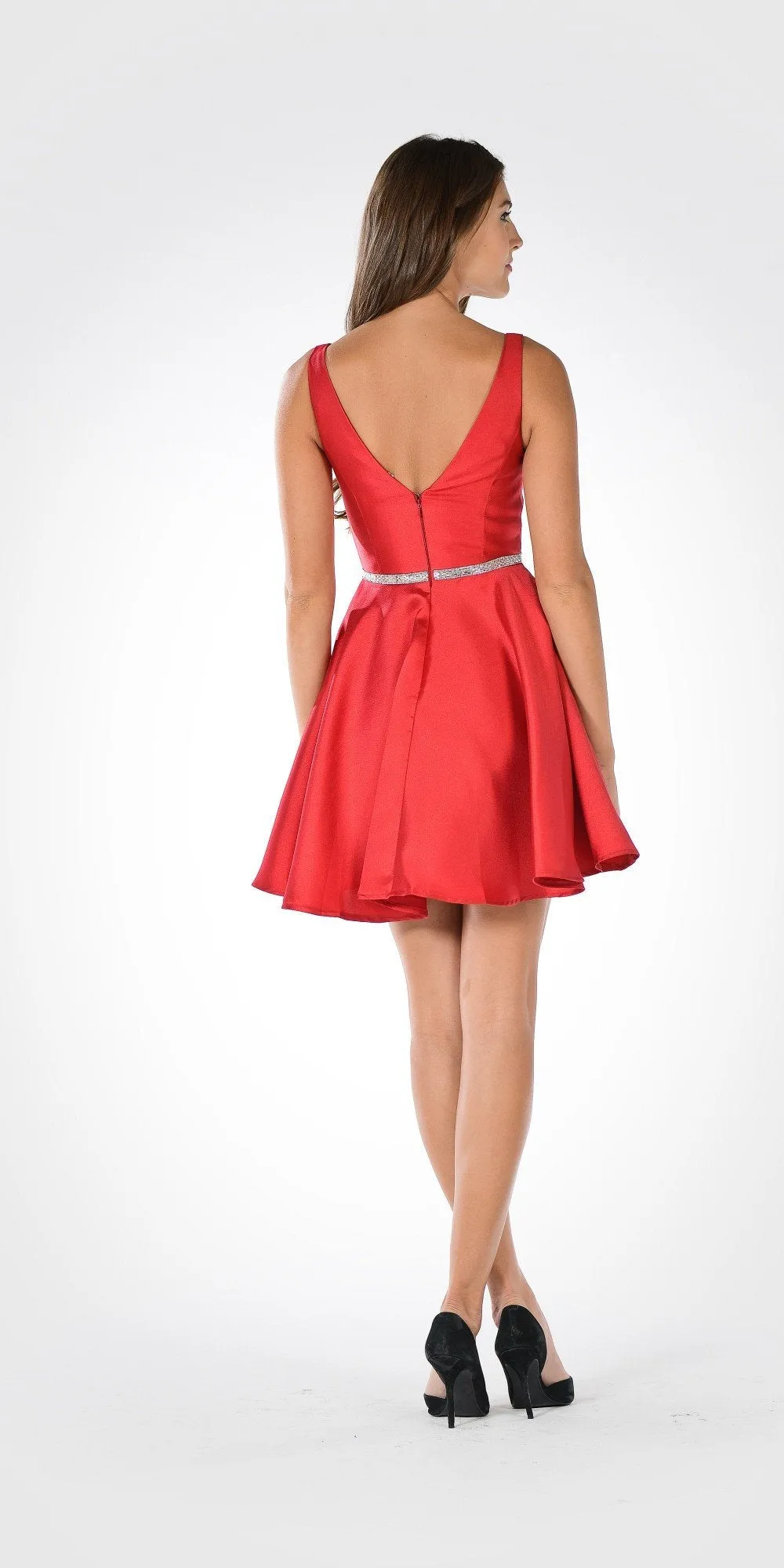Poly USA 7894 Satin V-Neck Embellished Waist Short A-Line Dress