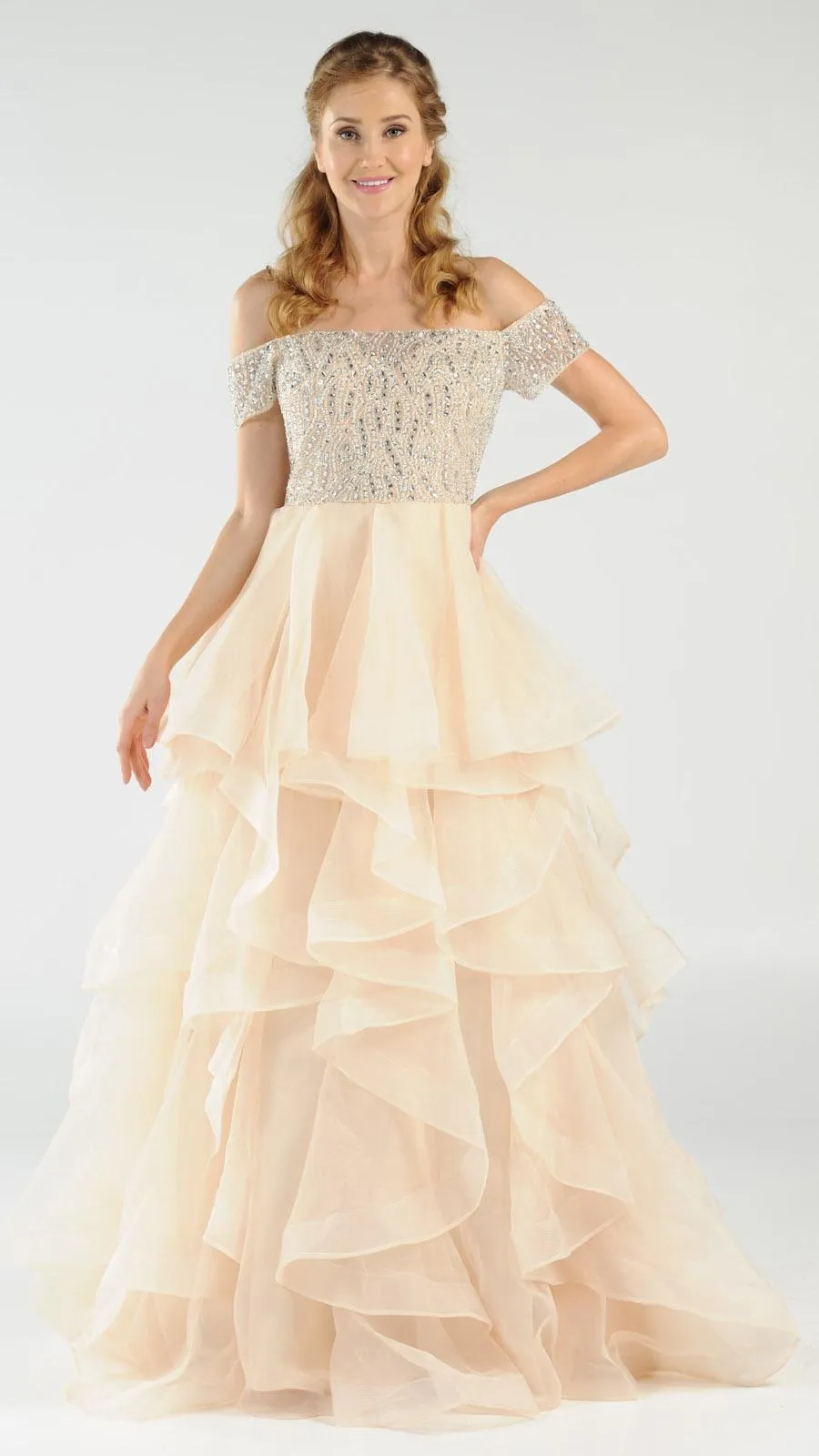 Poly USA 8006 Beaded Off-the-Shoulder Tiered Prom Gown