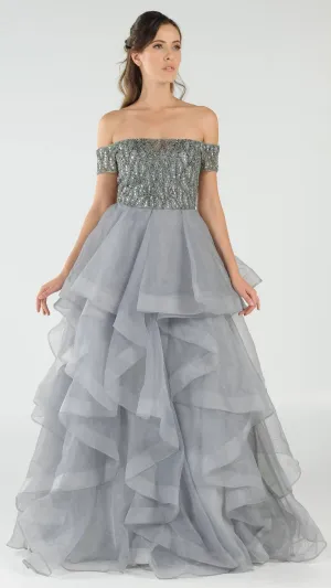 Poly USA 8006 Beaded Off-the-Shoulder Tiered Prom Gown