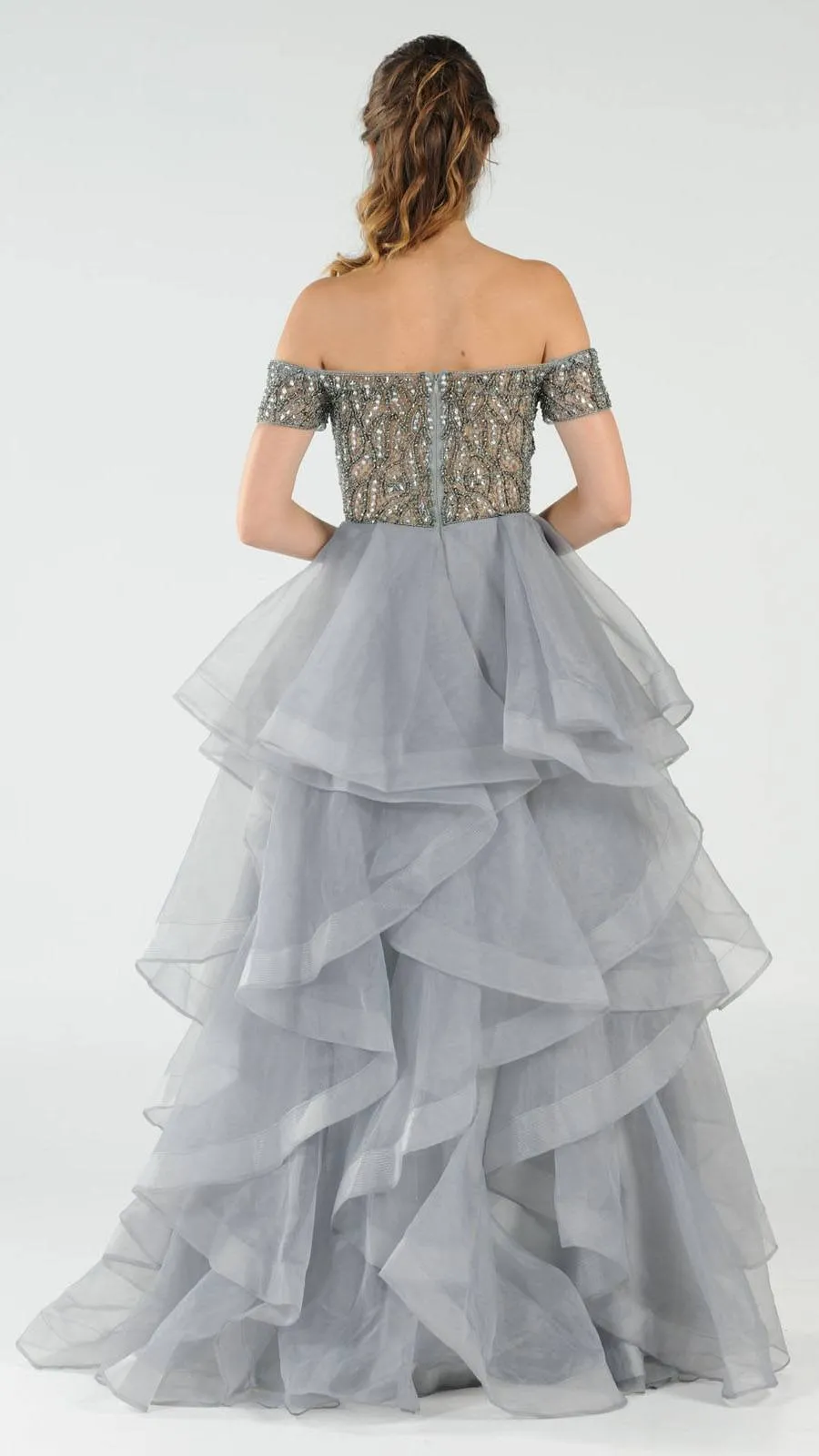 Poly USA 8006 Beaded Off-the-Shoulder Tiered Prom Gown