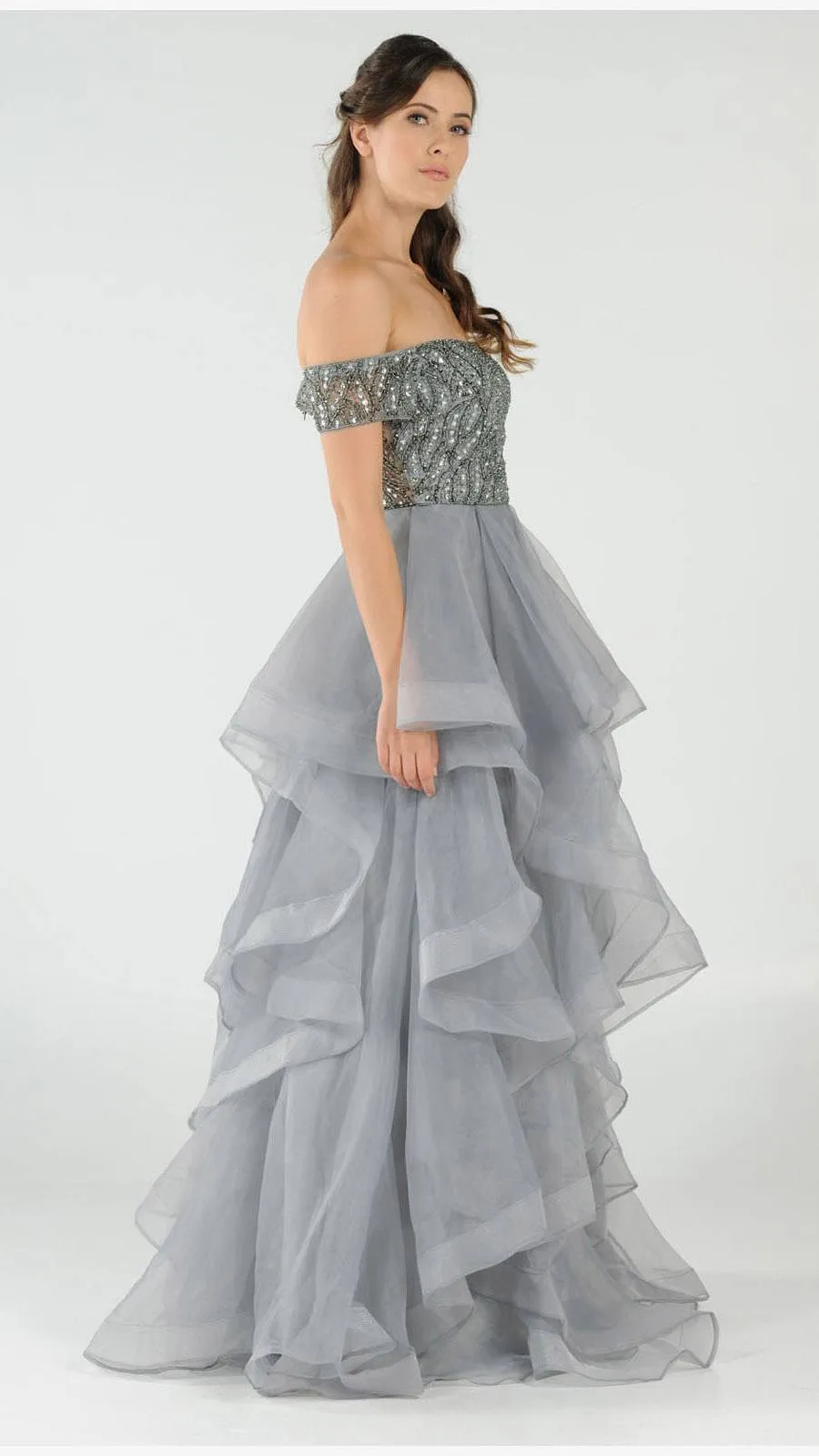 Poly USA 8006 Beaded Off-the-Shoulder Tiered Prom Gown