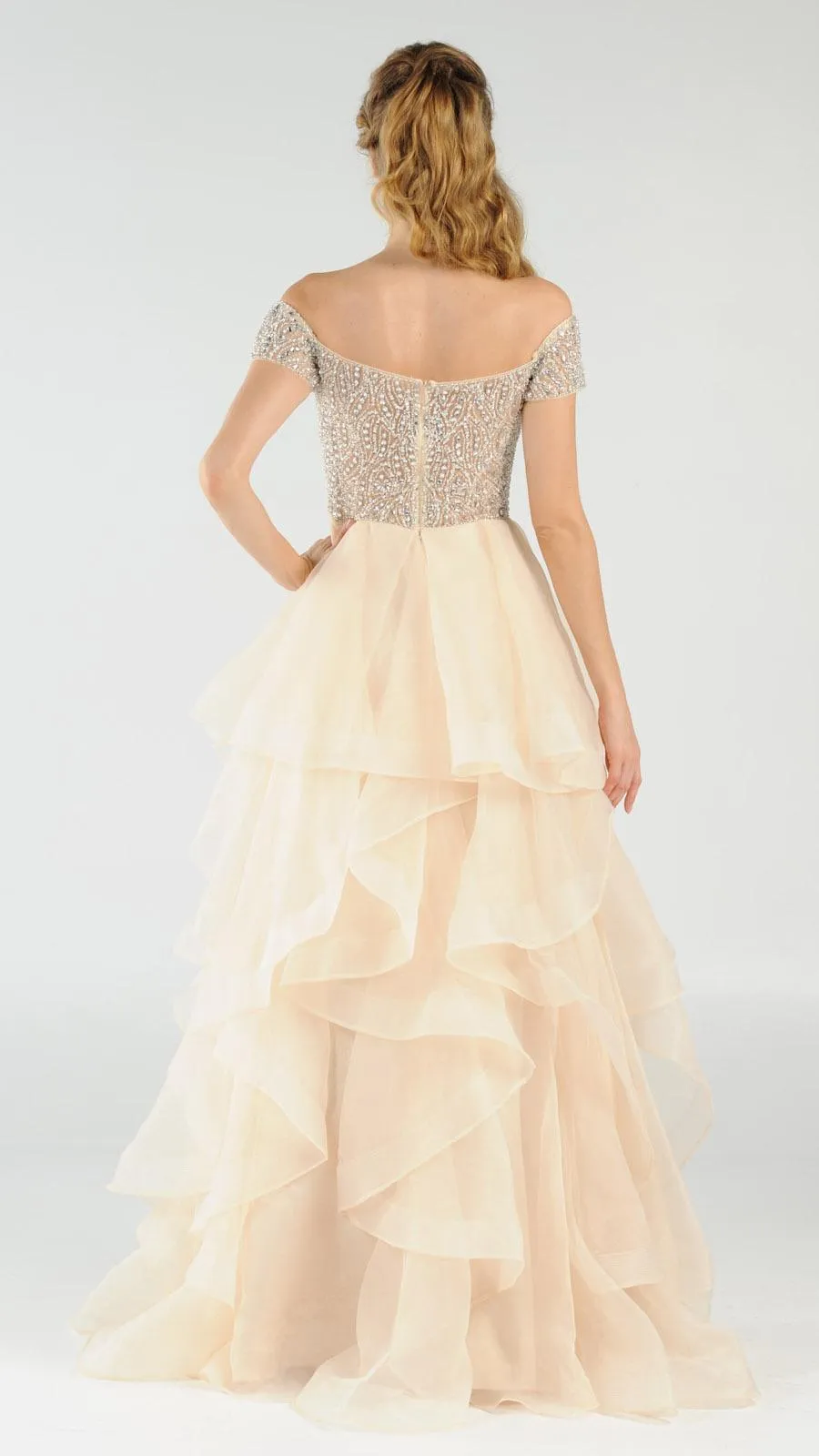 Poly USA 8006 Beaded Off-the-Shoulder Tiered Prom Gown