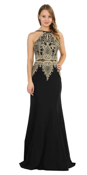 Poly USA 8244 Keyhole Neck Appliqued Long Prom Dress Black