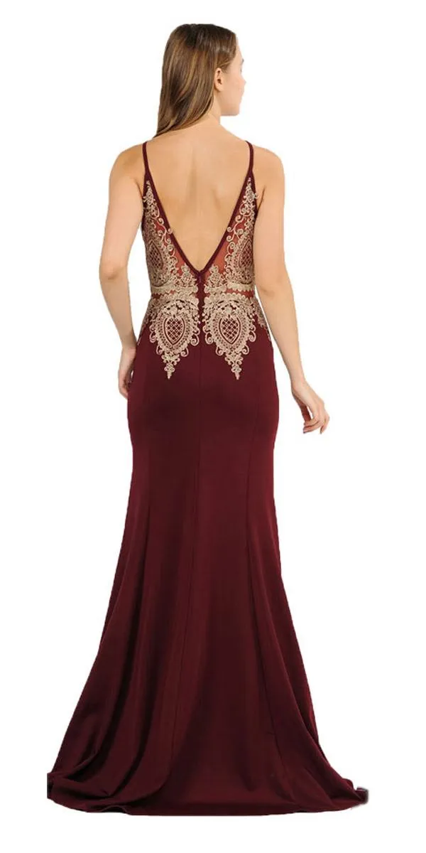 Poly USA 8244 Keyhole Neck Appliqued Long Prom Dress Black