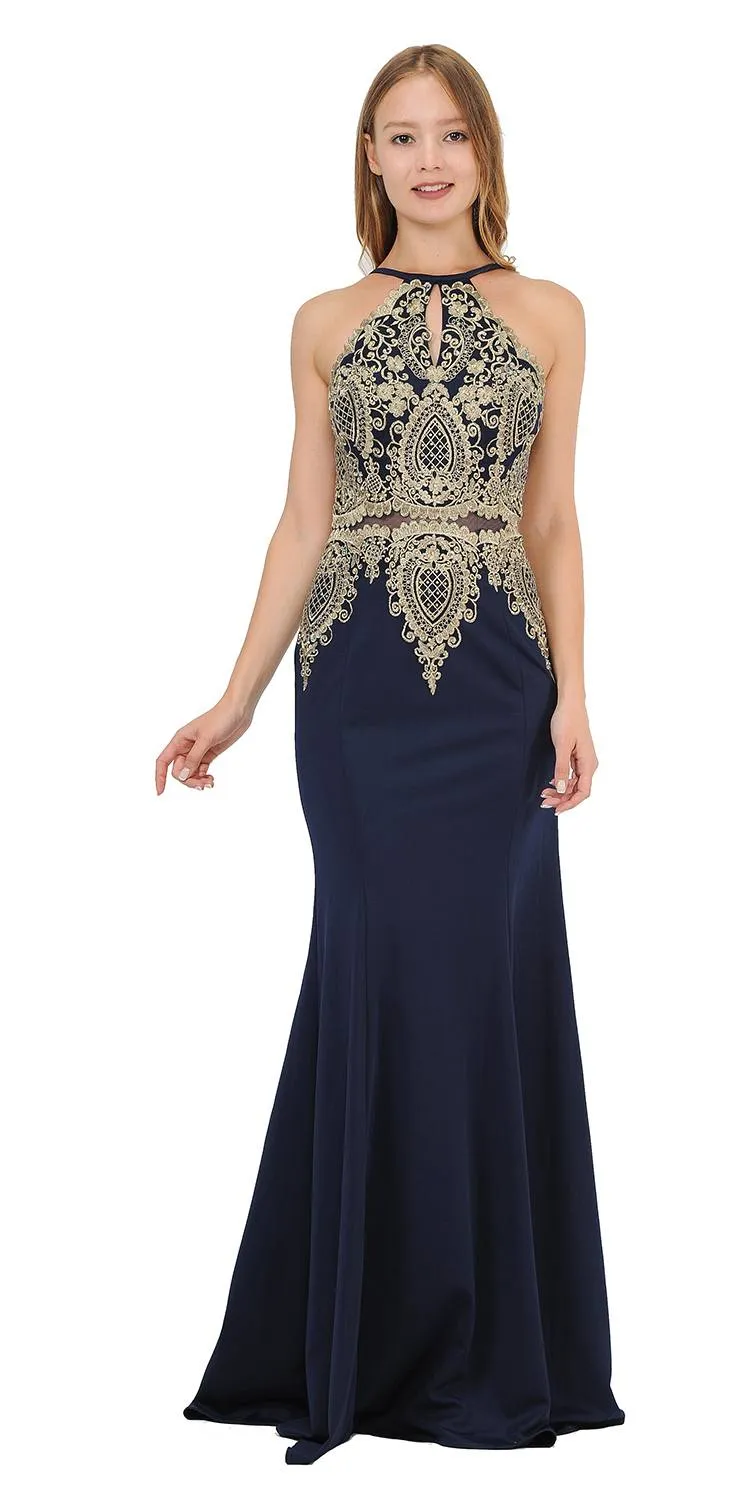 Poly USA 8244 Keyhole Neck Appliqued Long Prom Dress Black