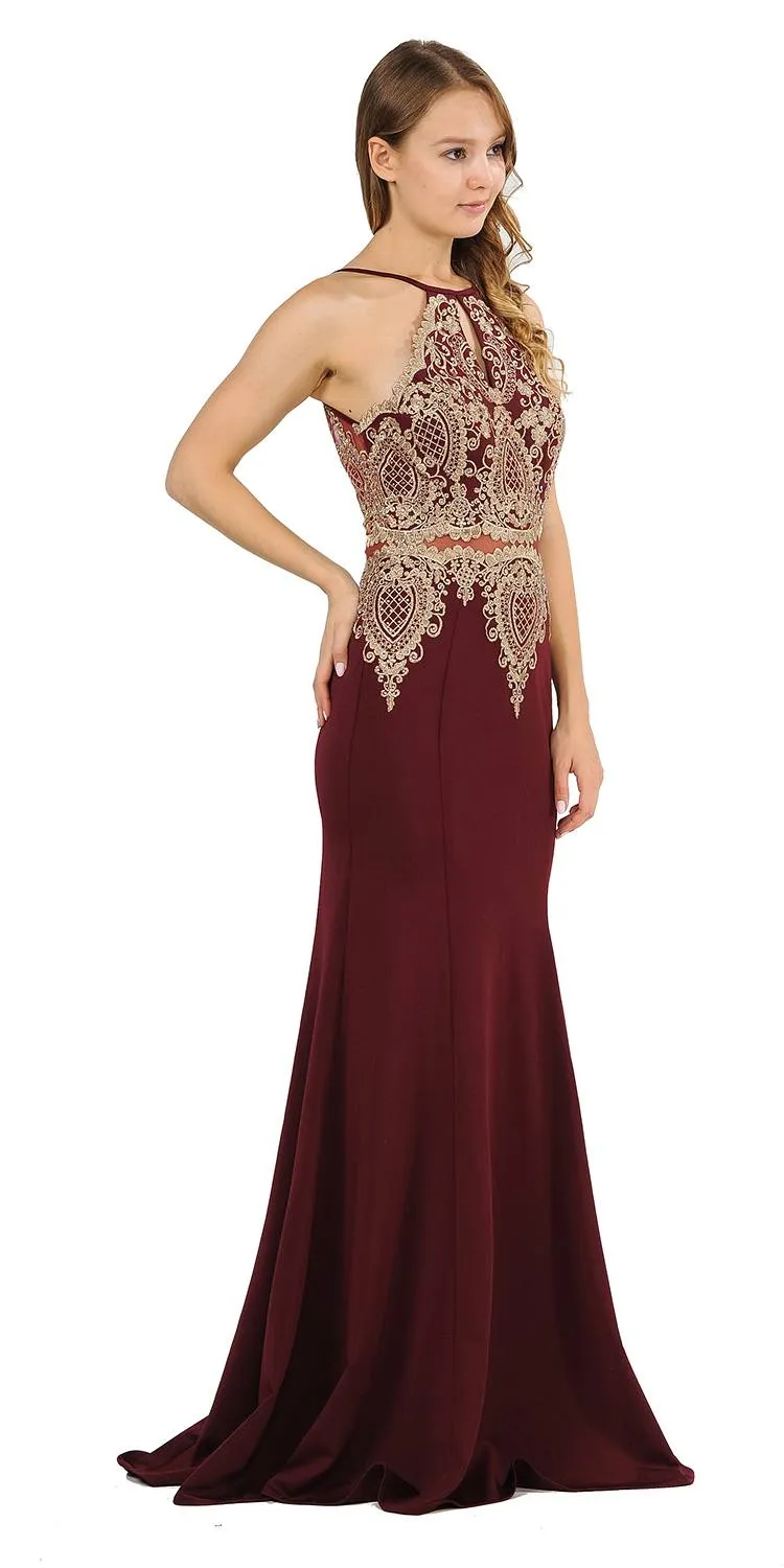 Poly USA 8244 Keyhole Neck Appliqued Long Prom Dress Black