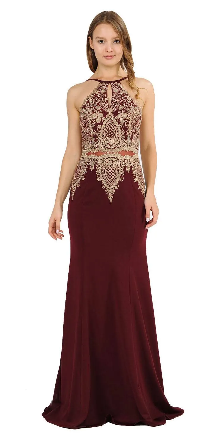 Poly USA 8244 Keyhole Neck Appliqued Long Prom Dress Black