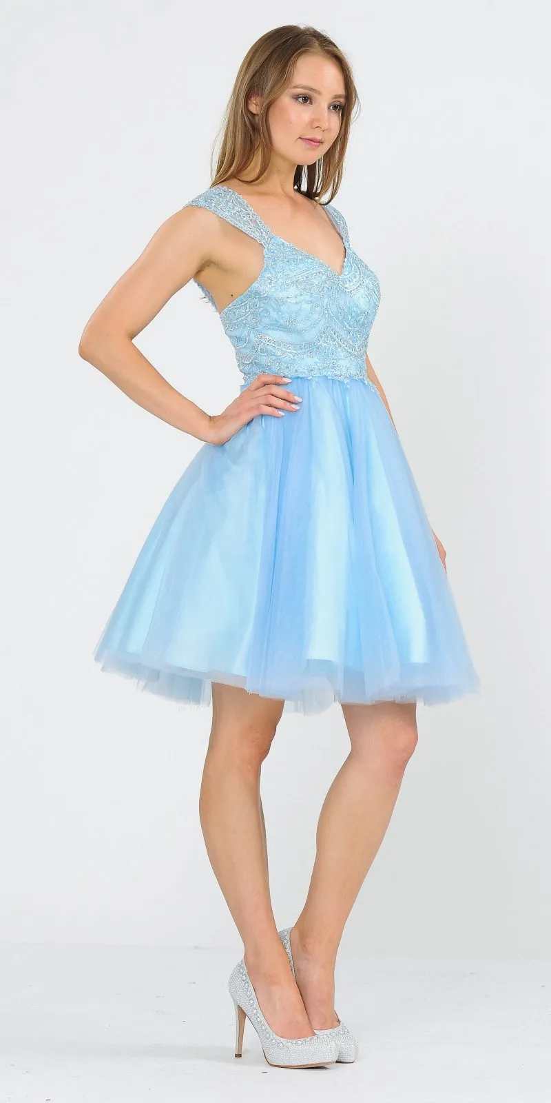 Poly USA 8284 V-Neck Embroidered Short Dress