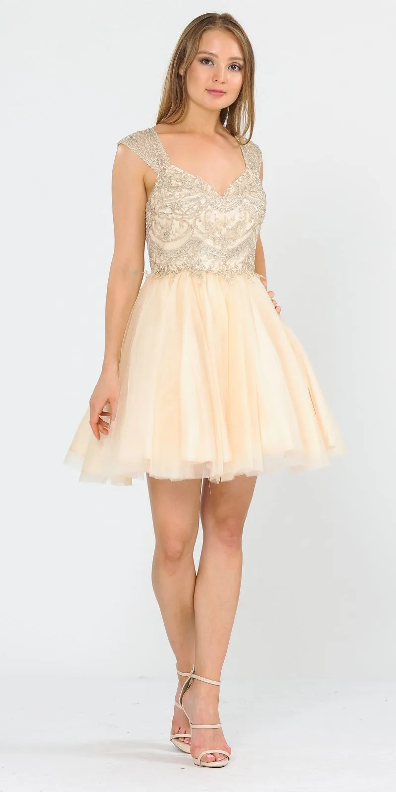 Poly USA 8284 V-Neck Embroidered Short Dress