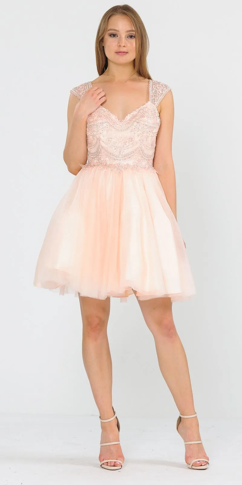 Poly USA 8284 V-Neck Embroidered Short Dress