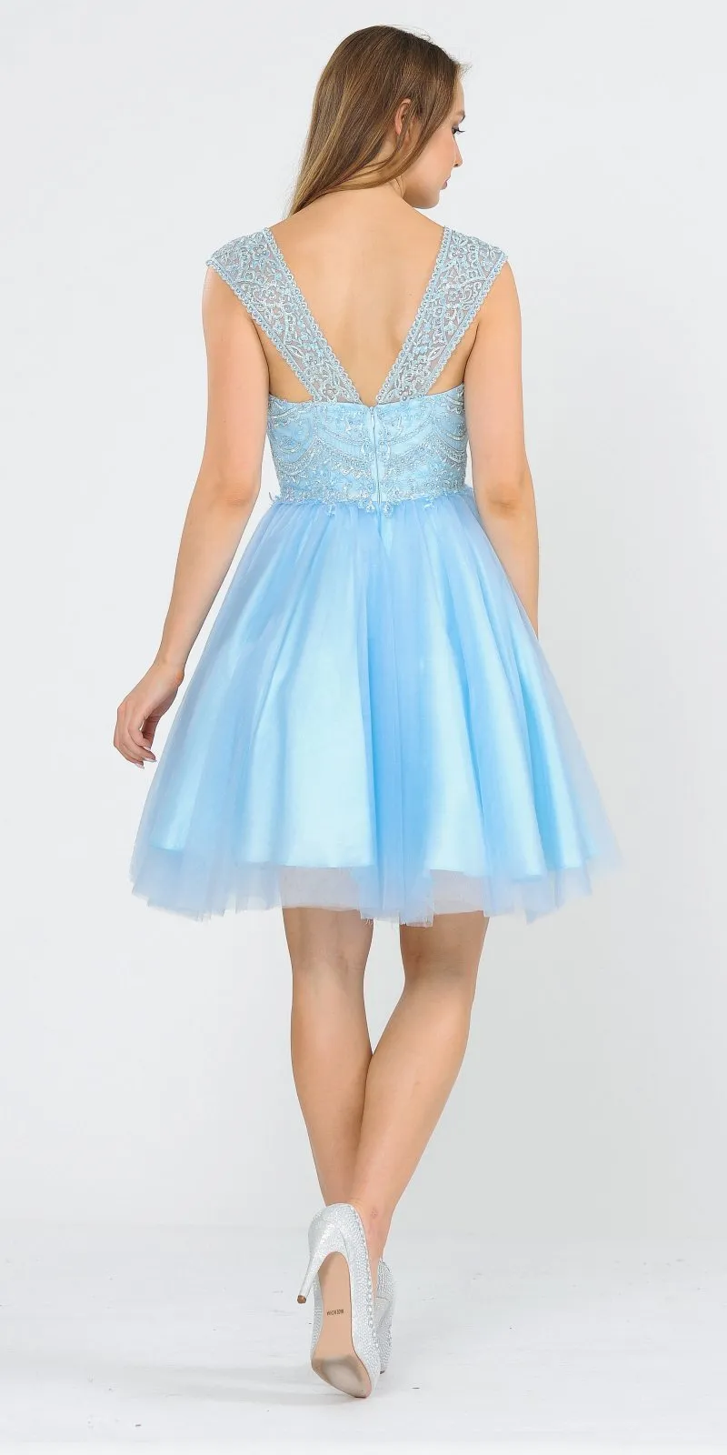 Poly USA 8284 V-Neck Embroidered Short Dress