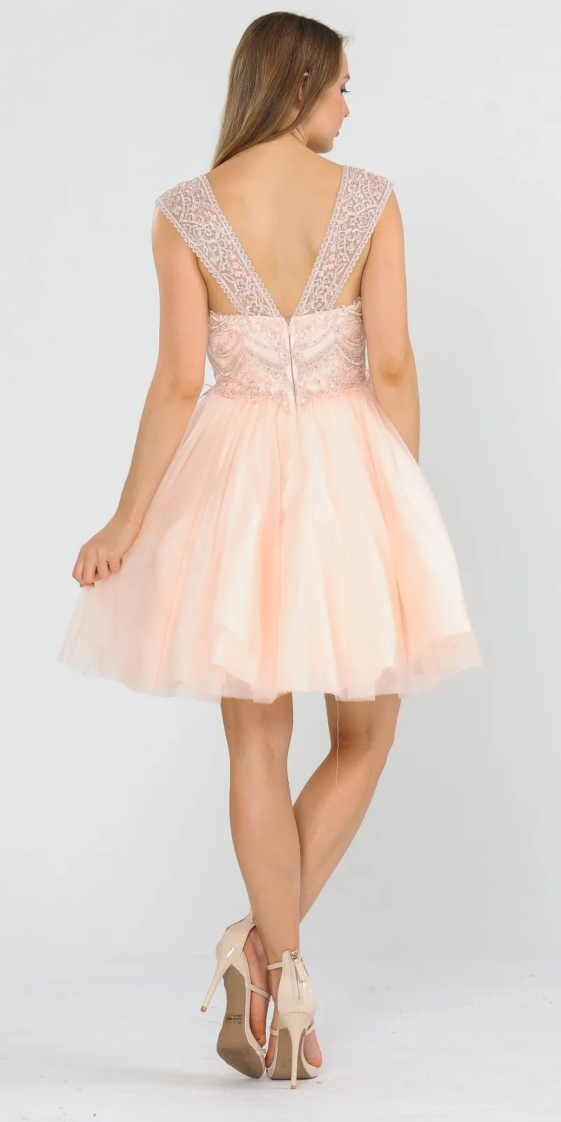 Poly USA 8284 V-Neck Embroidered Short Dress